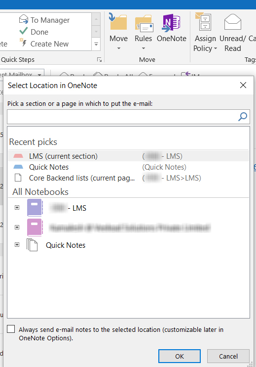 Select Location in OneNote