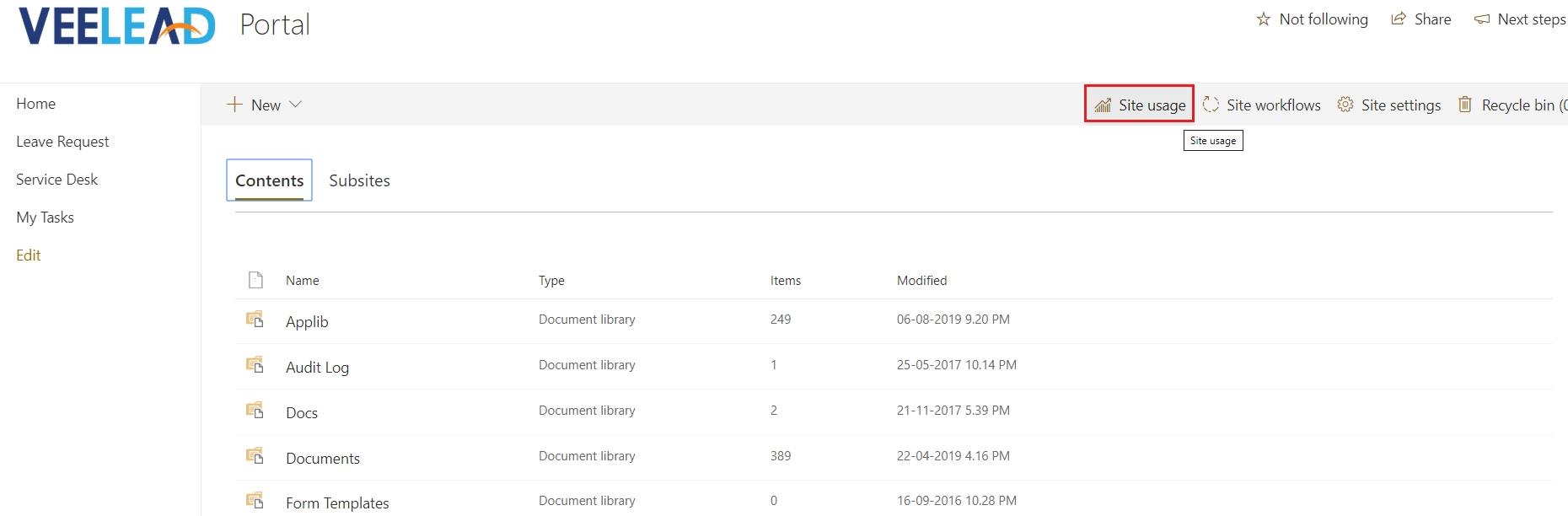 SharePoint Site contents